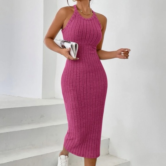 Dresses & Skirts - Minimalist Halter ribbed knot Bodycon midi Dress hot pink 💙